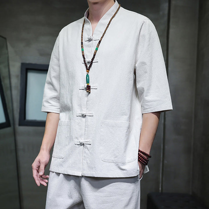 Conjunto de 2 Buddha Stones de traje Tang con diseño de rana y botones, camisa y pantalones con bolsillos, de algodón y lino, para meditación de hombre.