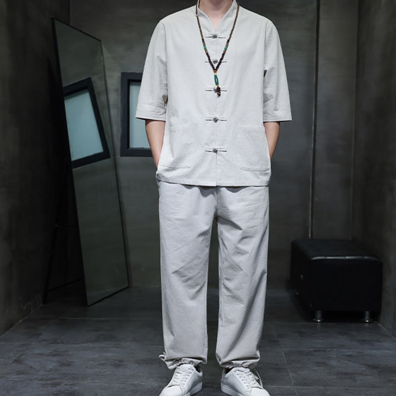 Conjunto de 2 Buddha Stones de traje Tang con diseño de rana y botones, camisa y pantalones con bolsillos, de algodón y lino, para meditación de hombre.