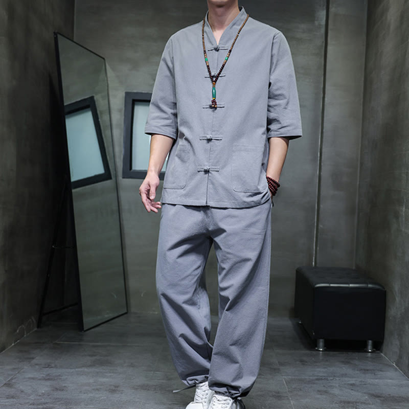 Conjunto de 2 Buddha Stones de traje Tang con diseño de rana y botones, camisa y pantalones con bolsillos, de algodón y lino, para meditación de hombre.