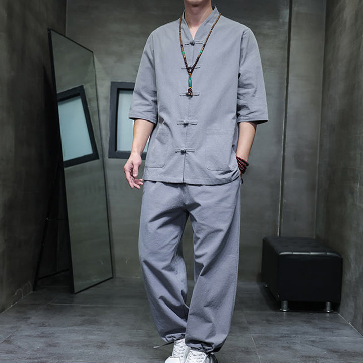 Conjunto de 2 Buddha Stones de traje Tang con diseño de rana y botones, camisa y pantalones con bolsillos, de algodón y lino, para meditación de hombre.