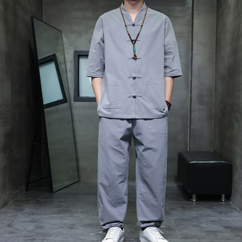 Conjunto de 2 Buddha Stones de traje Tang con diseño de rana y botones, camisa y pantalones con bolsillos, de algodón y lino, para meditación de hombre.
