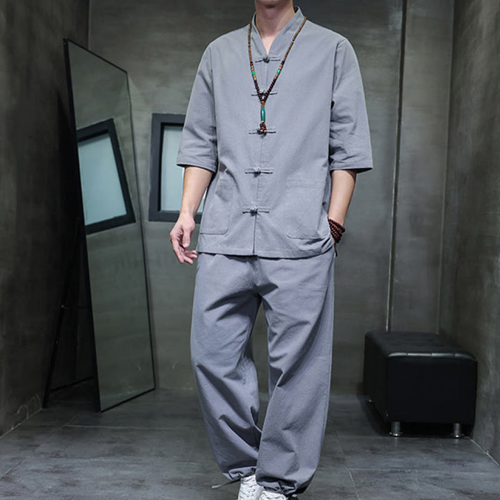 Conjunto de 2 Buddha Stones de traje Tang con diseño de rana y botones, camisa y pantalones con bolsillos, de algodón y lino, para meditación de hombre.