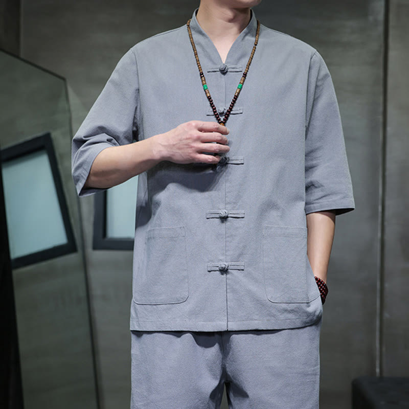 Conjunto de 2 Buddha Stones de traje Tang con diseño de rana y botones, camisa y pantalones con bolsillos, de algodón y lino, para meditación de hombre.