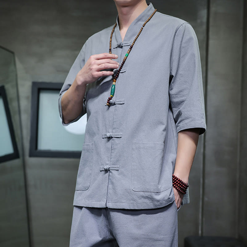 Conjunto de 2 Buddha Stones de traje Tang con diseño de rana y botones, camisa y pantalones con bolsillos, de algodón y lino, para meditación de hombre.