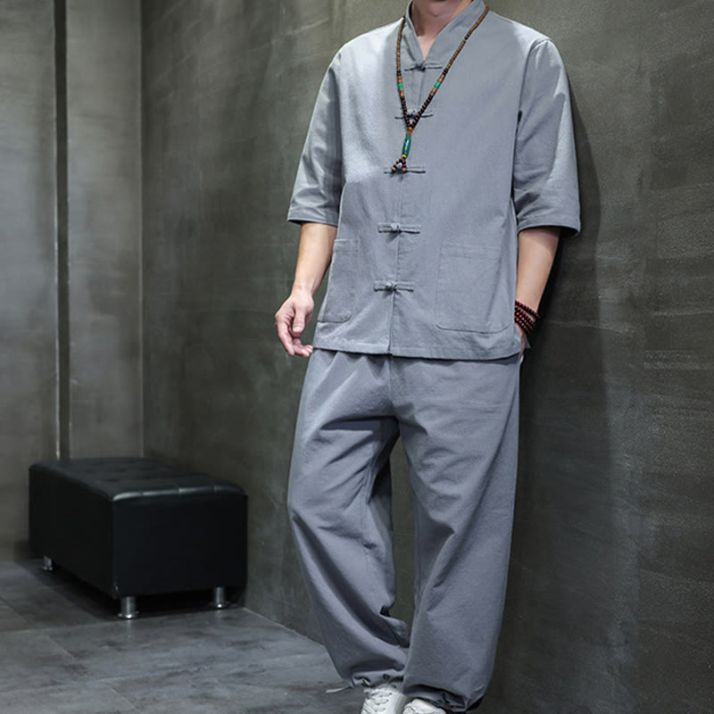 Conjunto de 2 Buddha Stones de traje Tang con diseño de rana y botones, camisa y pantalones con bolsillos, de algodón y lino, para meditación de hombre.