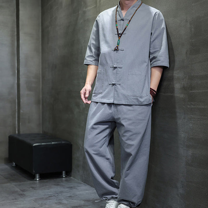 Conjunto de 2 Buddha Stones de traje Tang con diseño de rana y botones, camisa y pantalones con bolsillos, de algodón y lino, para meditación de hombre.