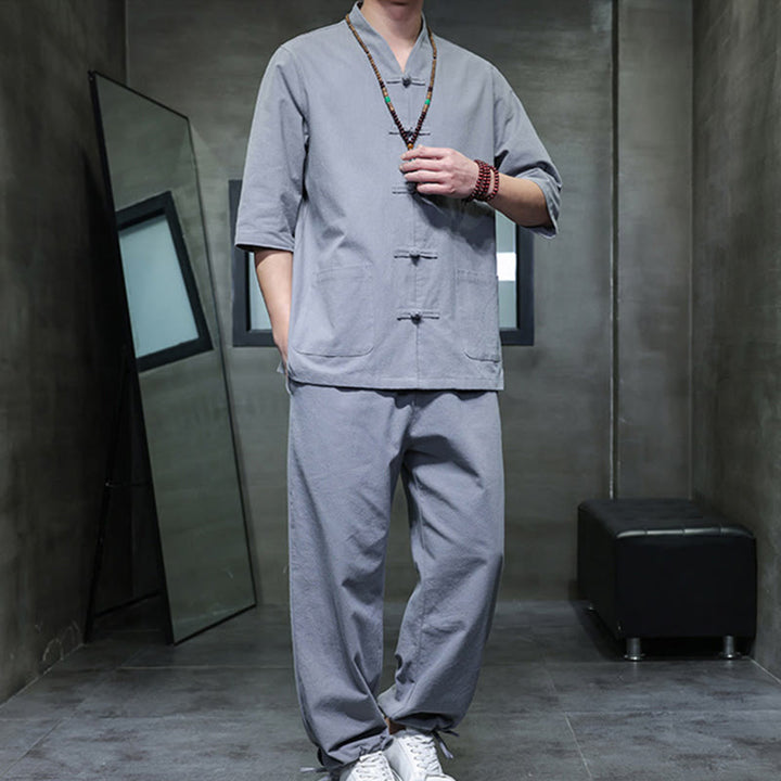 Conjunto de 2 Buddha Stones de traje Tang con diseño de rana y botones, camisa y pantalones con bolsillos, de algodón y lino, para meditación de hombre.