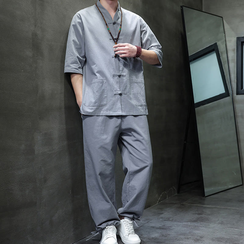 Conjunto de 2 Buddha Stones de traje Tang con diseño de rana y botones, camisa y pantalones con bolsillos, de algodón y lino, para meditación de hombre.