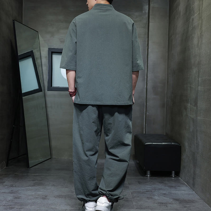 Conjunto de 2 Buddha Stones de traje Tang con diseño de rana y botones, camisa y pantalones con bolsillos, de algodón y lino, para meditación de hombre.