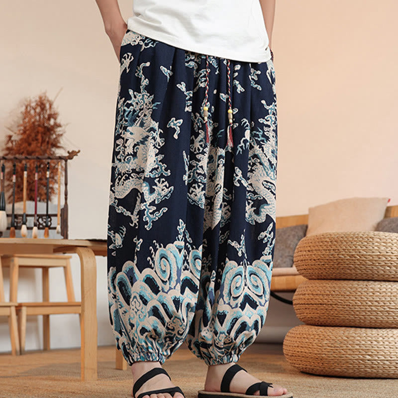 Pantalones harén de algodón con estampado de dragón y Buddha Stones para hombre, hasta el tobillo, con bolsillos - image 2