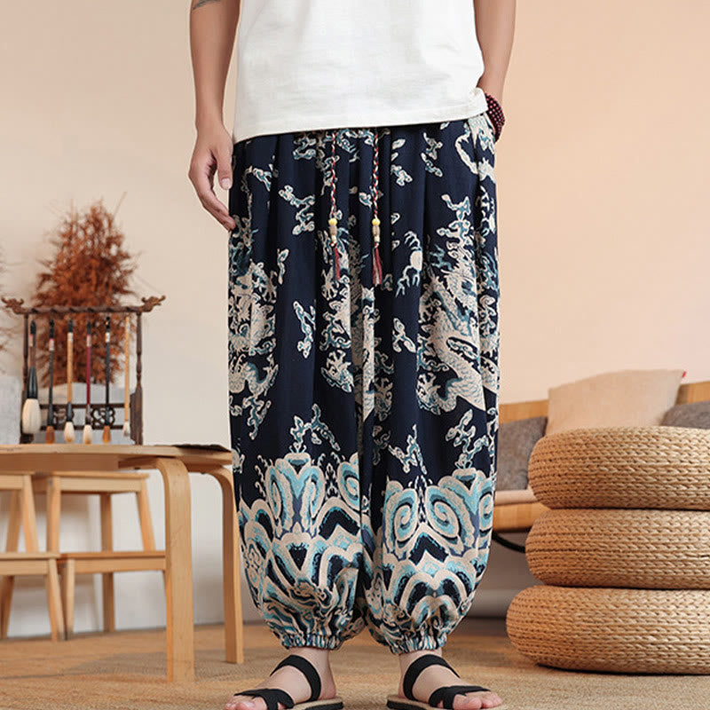 Pantalones harén de algodón con estampado de dragón y Buddha Stones para hombre, hasta el tobillo, con bolsillos - image 1