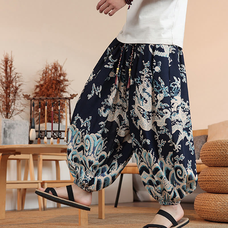 Pantalones harén de algodón con estampado de dragón y Buddha Stones para hombre, hasta el tobillo, con bolsillos - image 4