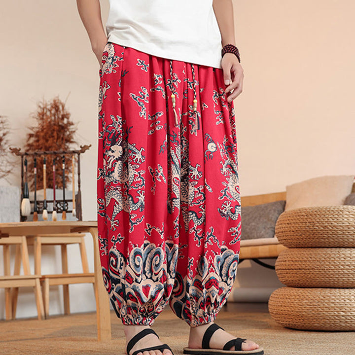 Pantalones harén de algodón con estampado de dragón y Buddha Stones para hombre, hasta el tobillo, con bolsillos - image 14