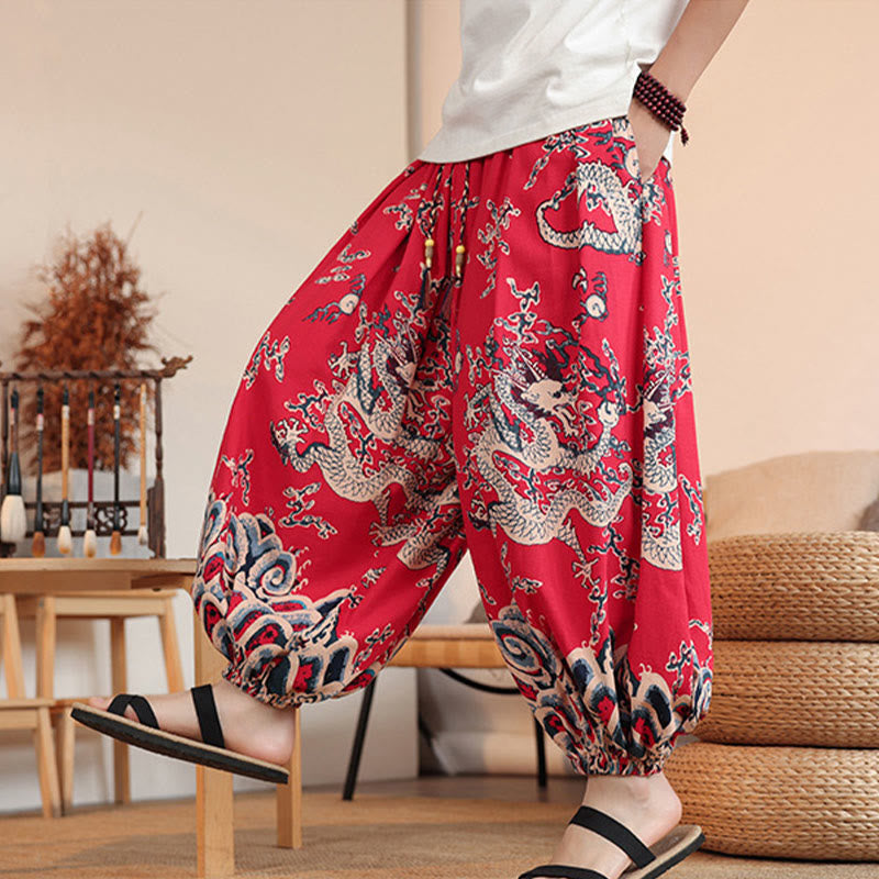 Pantalones harén de algodón con estampado de dragón y Buddha Stones para hombre, hasta el tobillo, con bolsillos - image 17