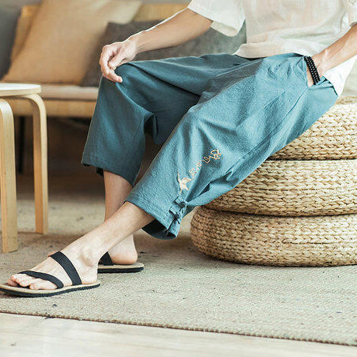 Pantalones harén cortos de algodón con bordado de grullas y Buddha Stones para hombre con bolsillos - image 9