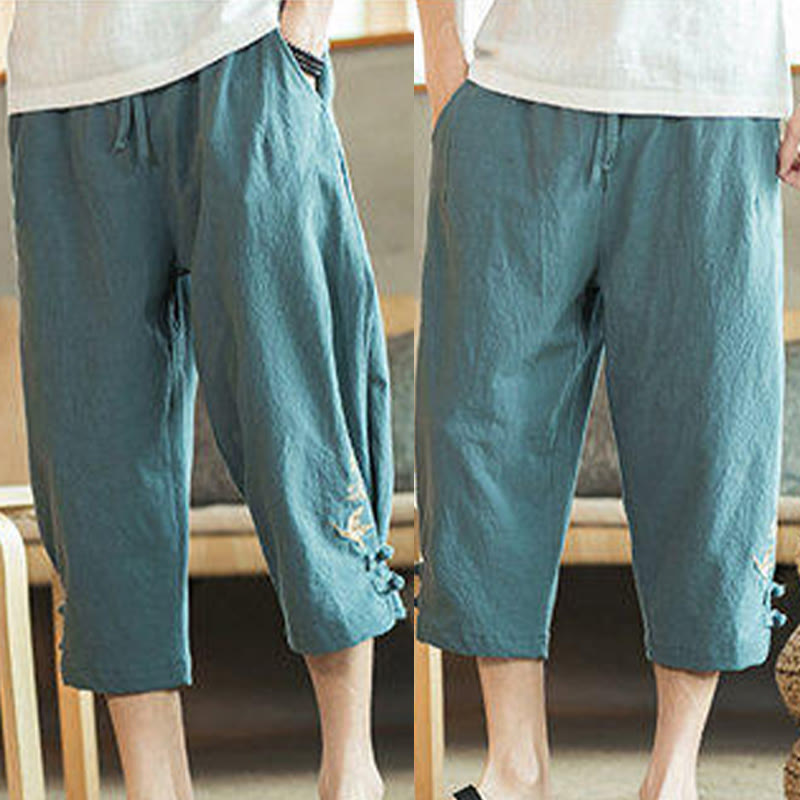 Pantalones harén cortos de algodón con bordado de grullas y Buddha Stones para hombre con bolsillos - image 10