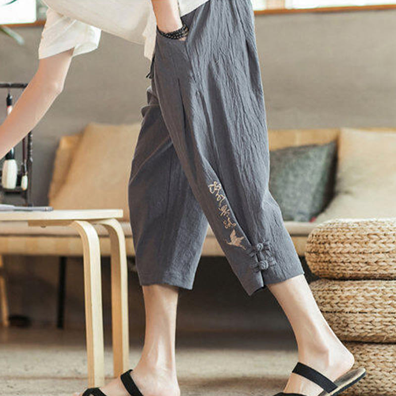 Pantalones harén cortos de algodón con bordado de grullas y Buddha Stones para hombre con bolsillos - image 16