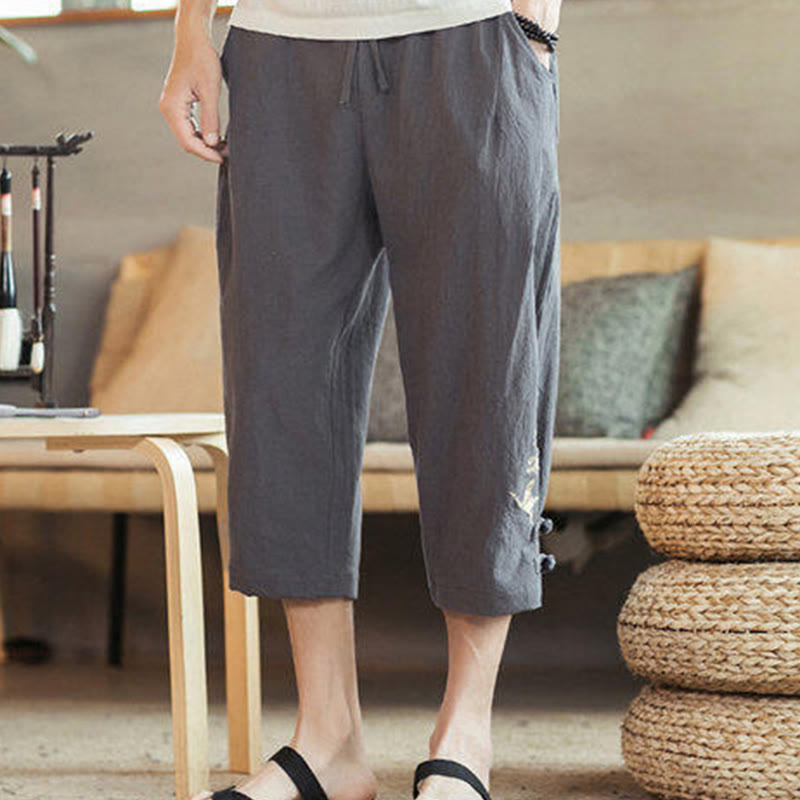 Pantalones harén cortos de algodón con bordado de grullas y Buddha Stones para hombre con bolsillos - image 12