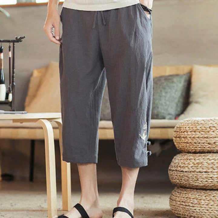 Pantalones harén cortos de algodón con bordado de grullas y Buddha Stones para hombre con bolsillos - image 12