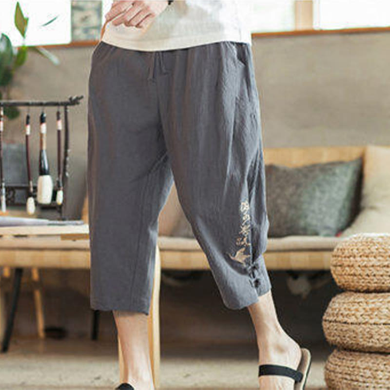 Pantalones harén cortos de algodón con bordado de grullas y Buddha Stones para hombre con bolsillos - image 15