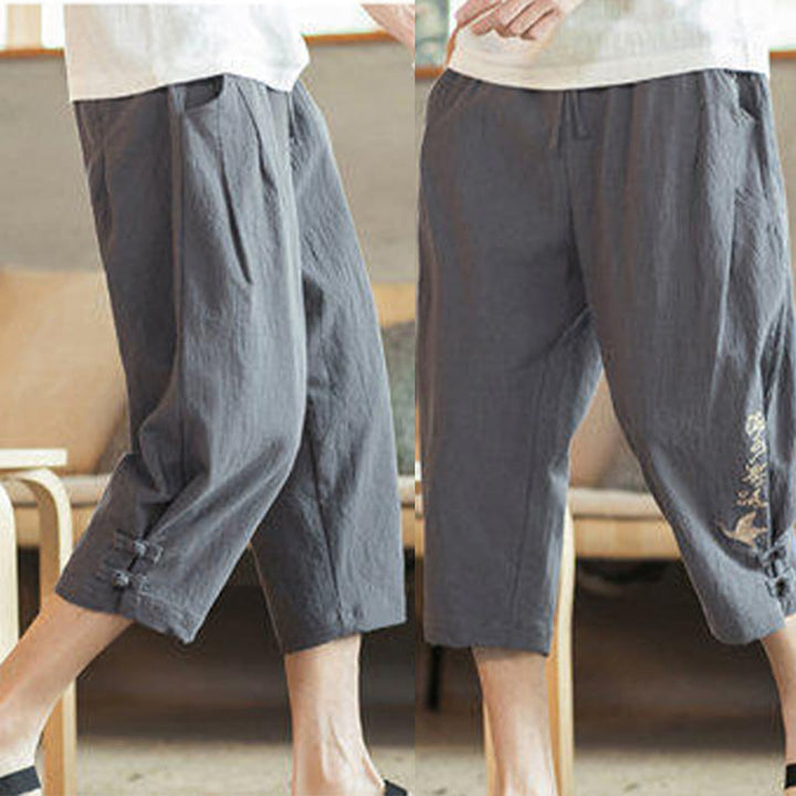 Pantalones harén cortos de algodón con bordado de grullas y Buddha Stones para hombre con bolsillos - image 18