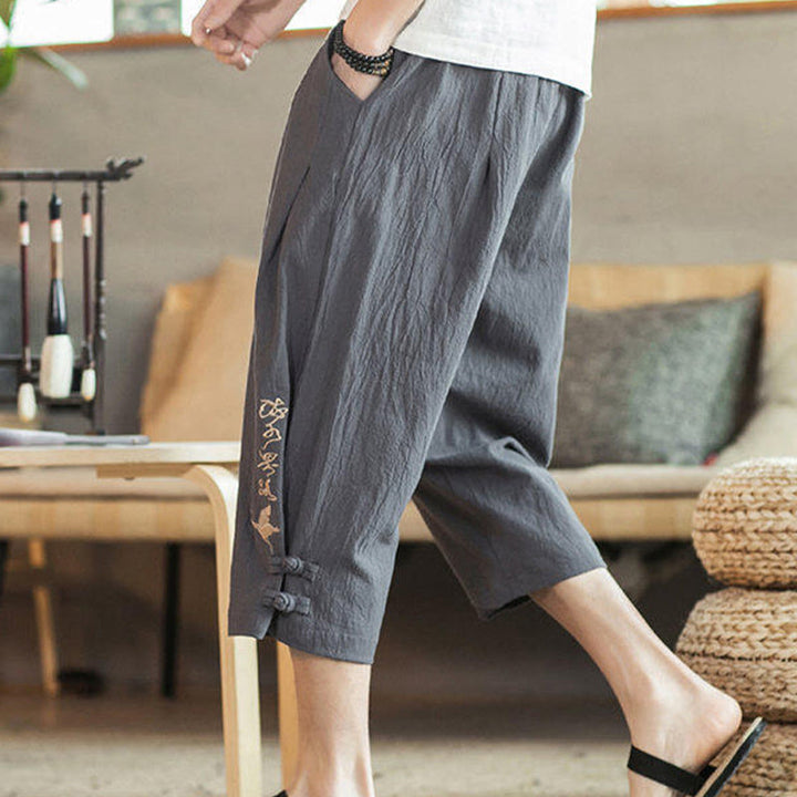Pantalones harén cortos de algodón con bordado de grullas y Buddha Stones para hombre con bolsillos - image 14