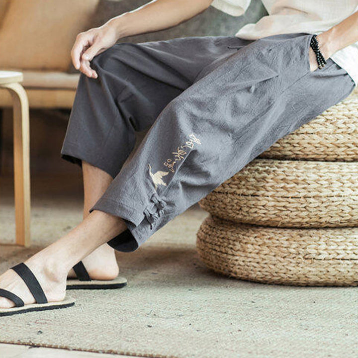 Pantalones harén cortos de algodón con bordado de grullas y Buddha Stones para hombre con bolsillos - image 17