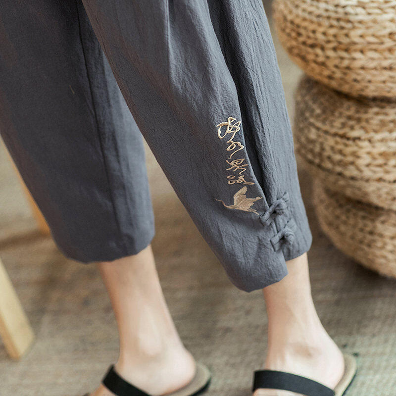 Pantalones harén cortos de algodón con bordado de grullas y Buddha Stones para hombre con bolsillos - image 21