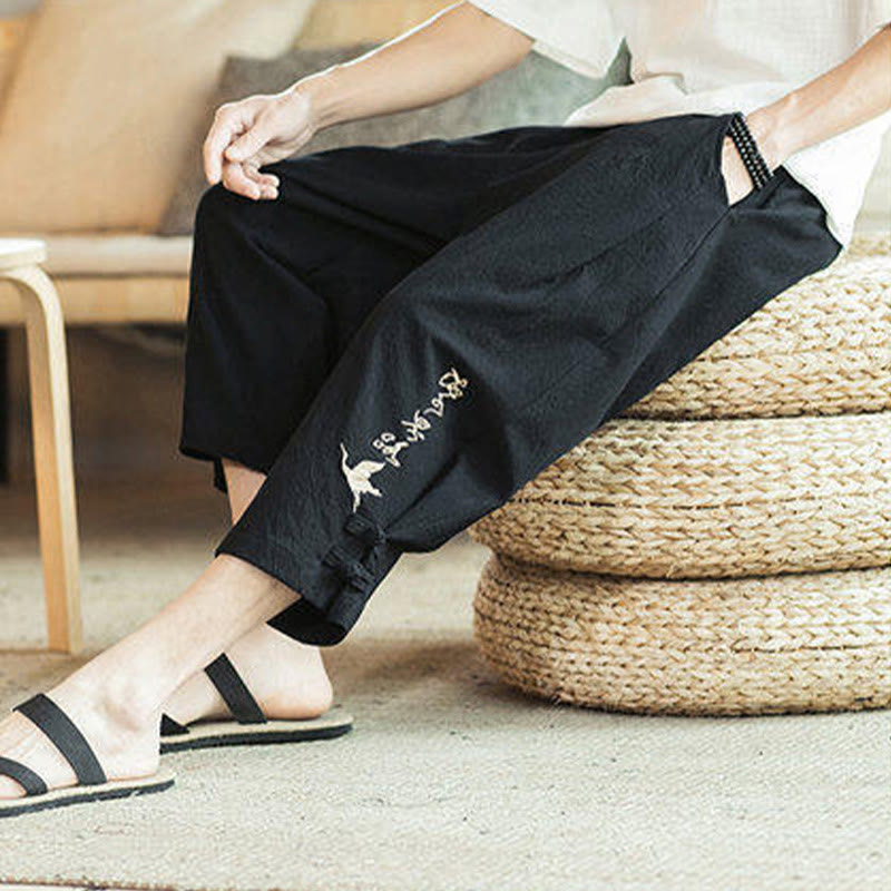 Pantalones harén cortos de algodón con bordado de grullas y Buddha Stones para hombre con bolsillos - image 27