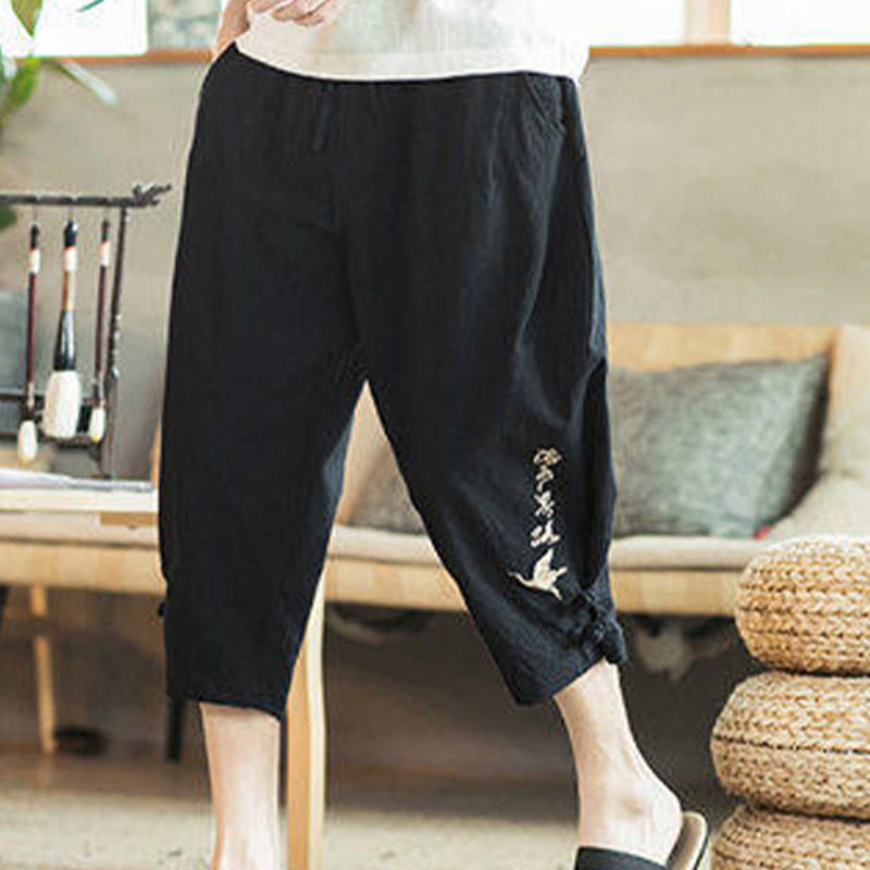 Pantalones harén cortos de algodón con bordado de grullas y Buddha Stones para hombre con bolsillos - image 28