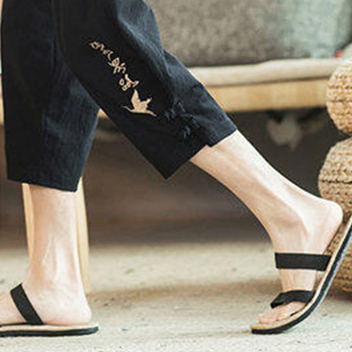 Pantalones harén cortos de algodón con bordado de grullas y Buddha Stones para hombre con bolsillos - image 30