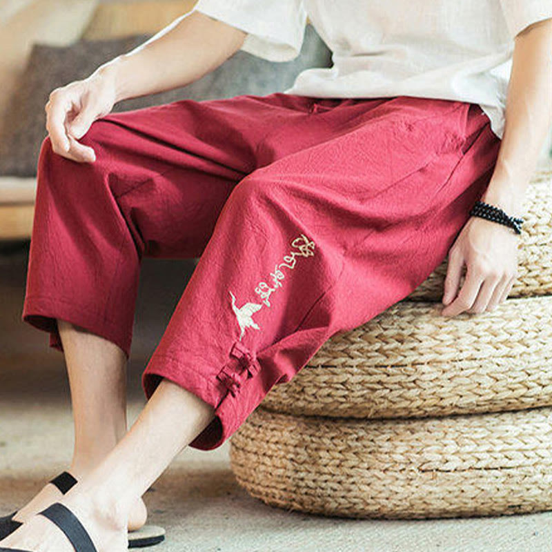 Pantalones harén cortos de algodón con bordado de grullas y Buddha Stones para hombre con bolsillos - image 36