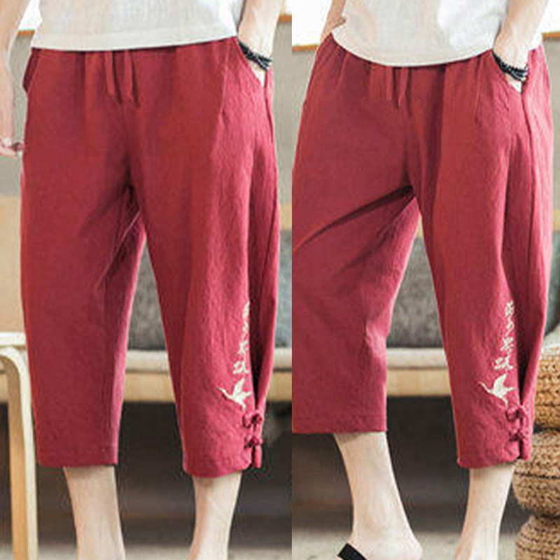 Pantalones harén cortos de algodón con bordado de grullas y Buddha Stones para hombre con bolsillos - image 34