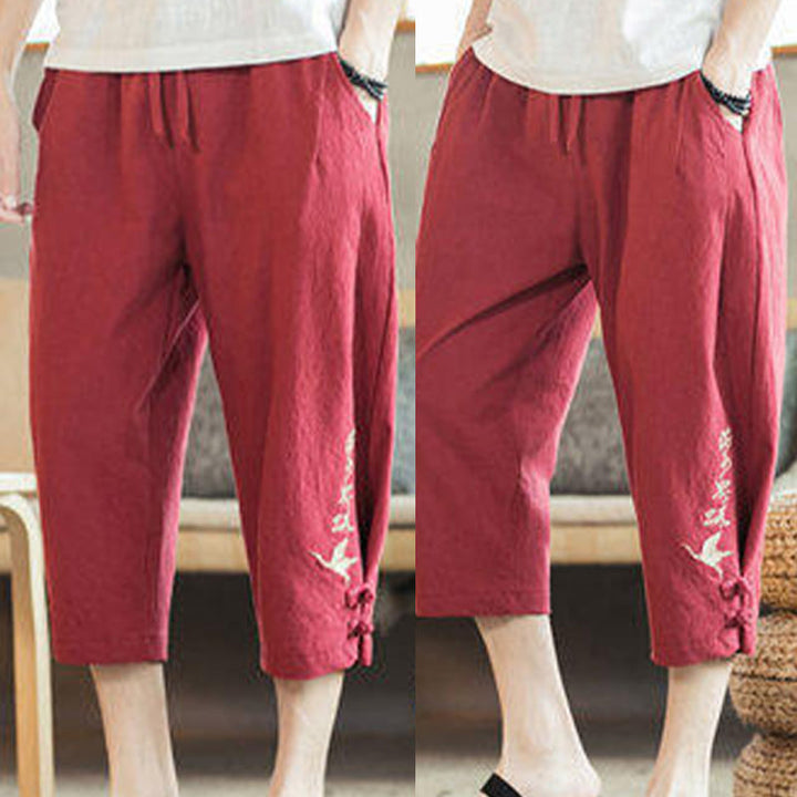 Pantalones harén cortos de algodón con bordado de grullas y Buddha Stones para hombre con bolsillos - image 34