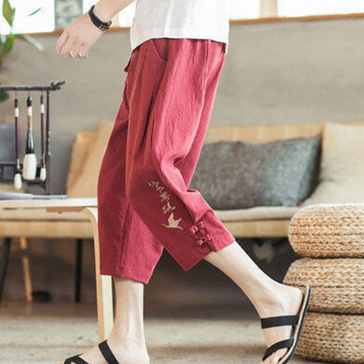 Pantalones harén cortos de algodón con bordado de grullas y Buddha Stones para hombre con bolsillos - image 38