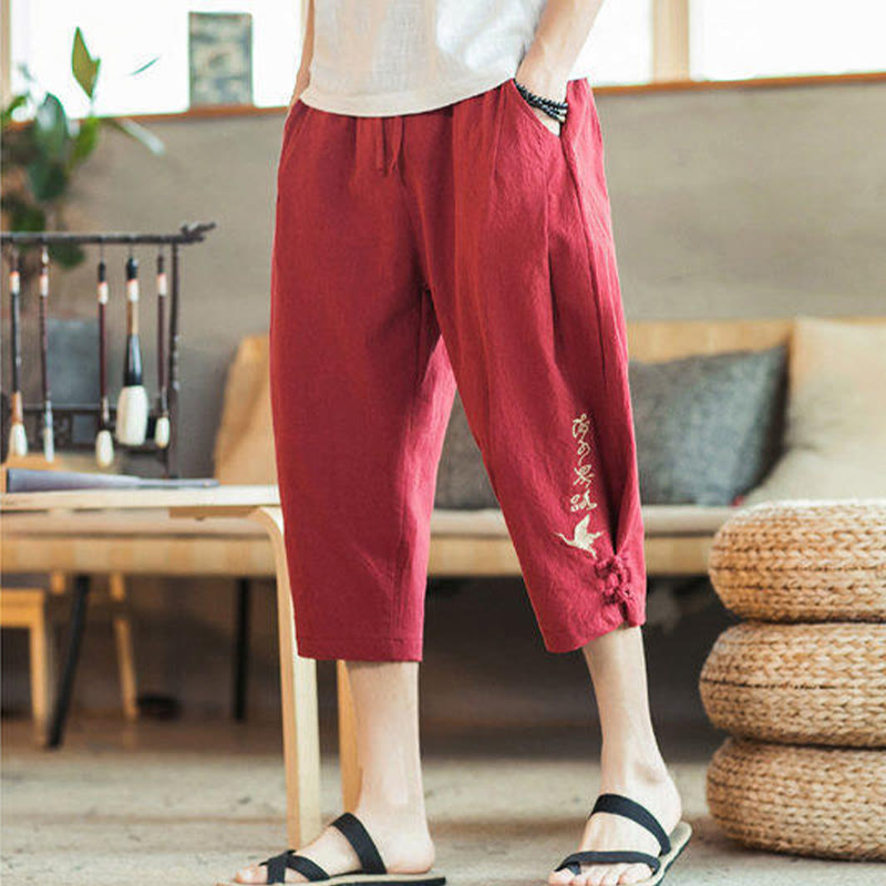 Pantalones harén cortos de algodón con bordado de grullas y Buddha Stones para hombre con bolsillos - image 35