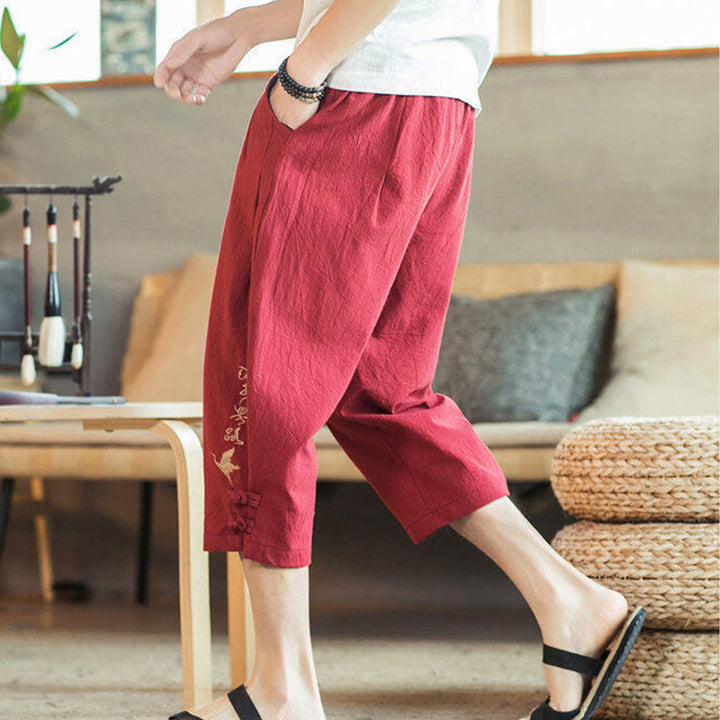 Pantalones harén cortos de algodón con bordado de grullas y Buddha Stones para hombre con bolsillos - image 37