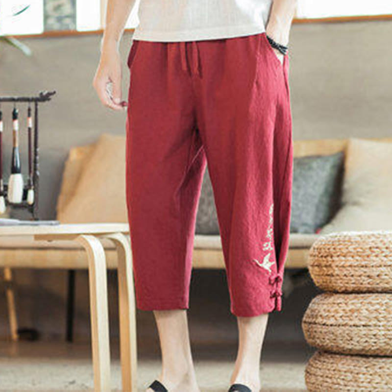 Pantalones harén cortos de algodón con bordado de grullas y Buddha Stones para hombre con bolsillos - image 39