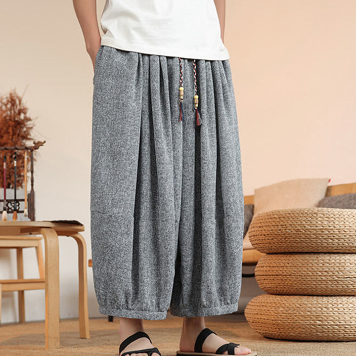 Pantalones harén cortos hasta el tobillo con bordado de personajes de verano de Buddha Stones y cordón ajustable para hombre con bolsillos - image 2