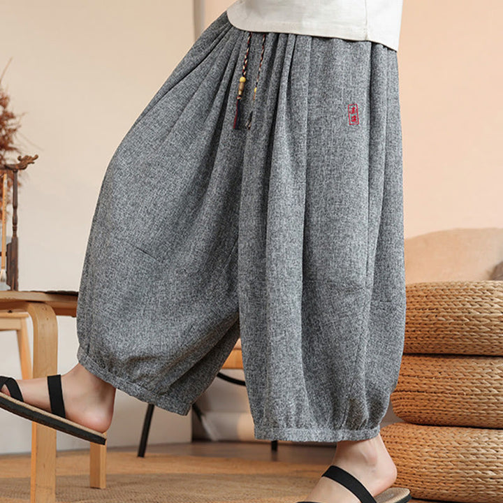 Pantalones harén cortos hasta el tobillo con bordado de personajes de verano de Buddha Stones y cordón ajustable para hombre con bolsillos - image 7