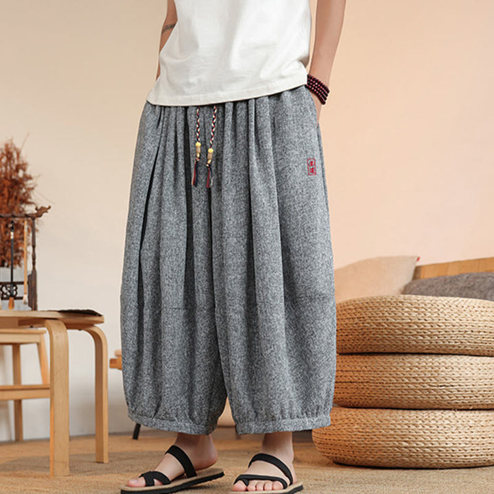 Pantalones harén cortos hasta el tobillo con bordado de personajes de verano de Buddha Stones y cordón ajustable para hombre con bolsillos - image 3