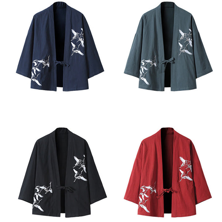 Chaqueta tipo kimono para hombre, de lino y algodón, con bordado de Buddha Stones y grullas blancas voladoras. - image 17