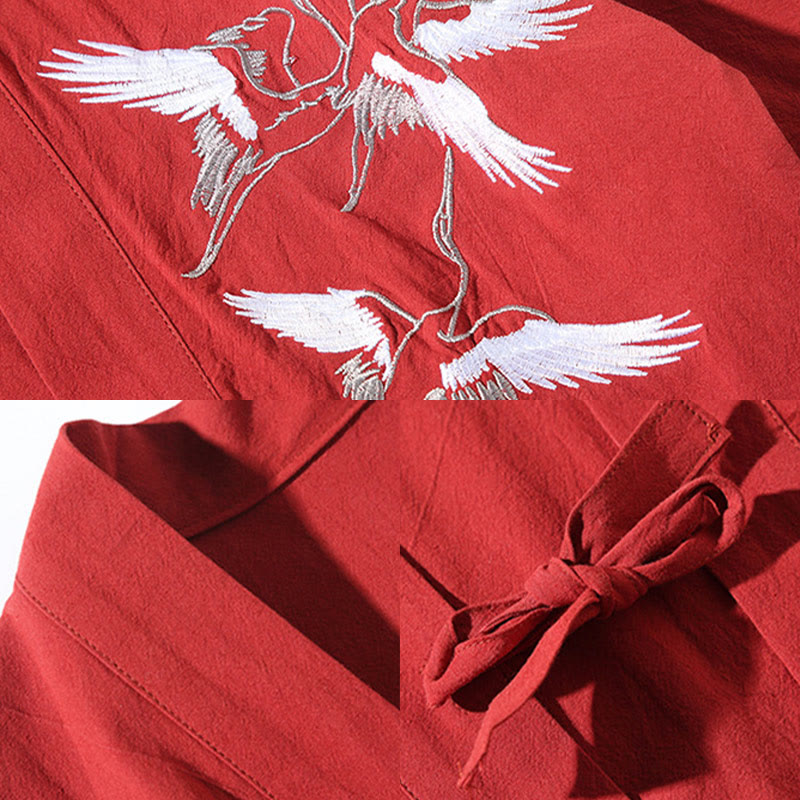 Chaqueta tipo kimono para hombre, de lino y algodón, con bordado de Buddha Stones y grullas blancas voladoras. - image 12