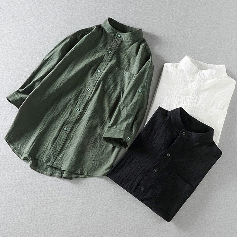 Camisa de lino y algodón de manga corta con botones para hombre, de verano, con estampado de Buddha Stones - image 17