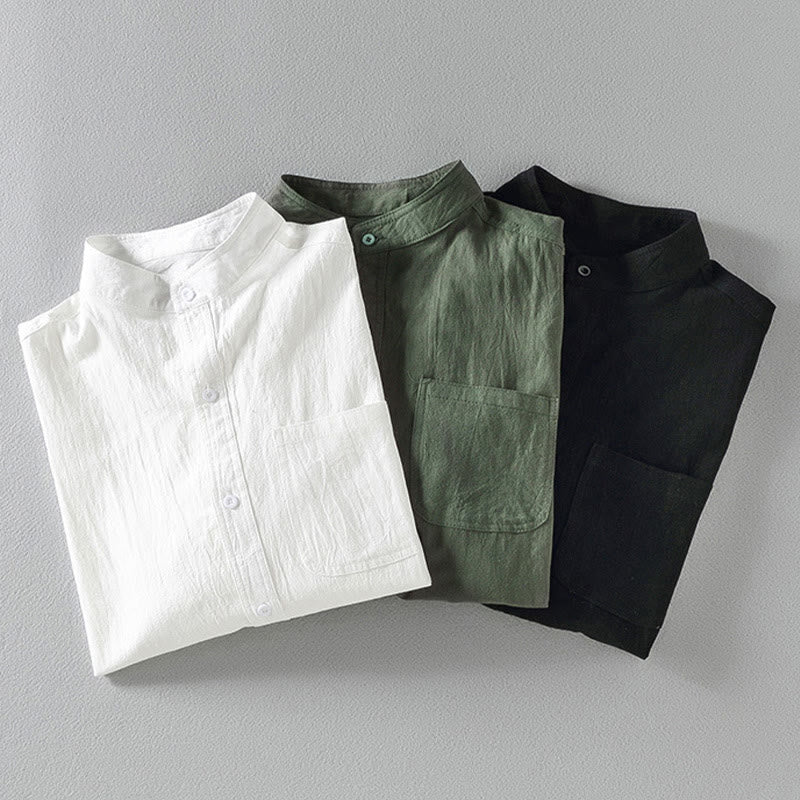 Camisa de lino y algodón de manga corta con botones para hombre, de verano, con estampado de Buddha Stones - image 1