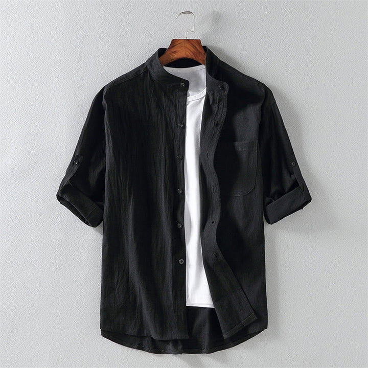 Camisa de lino y algodón de manga corta con botones para hombre, de verano, con estampado de Buddha Stones - Negro - US/UK/AU46, EU56 (5XL) - image 0
