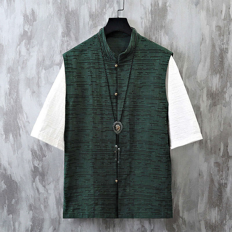 Camisa de lino y algodón de media manga para hombre con diseño de patchwork de verano con Buddha Stones - Azul cadete - US/UK/AU48, EU58 (6XL) - image 4