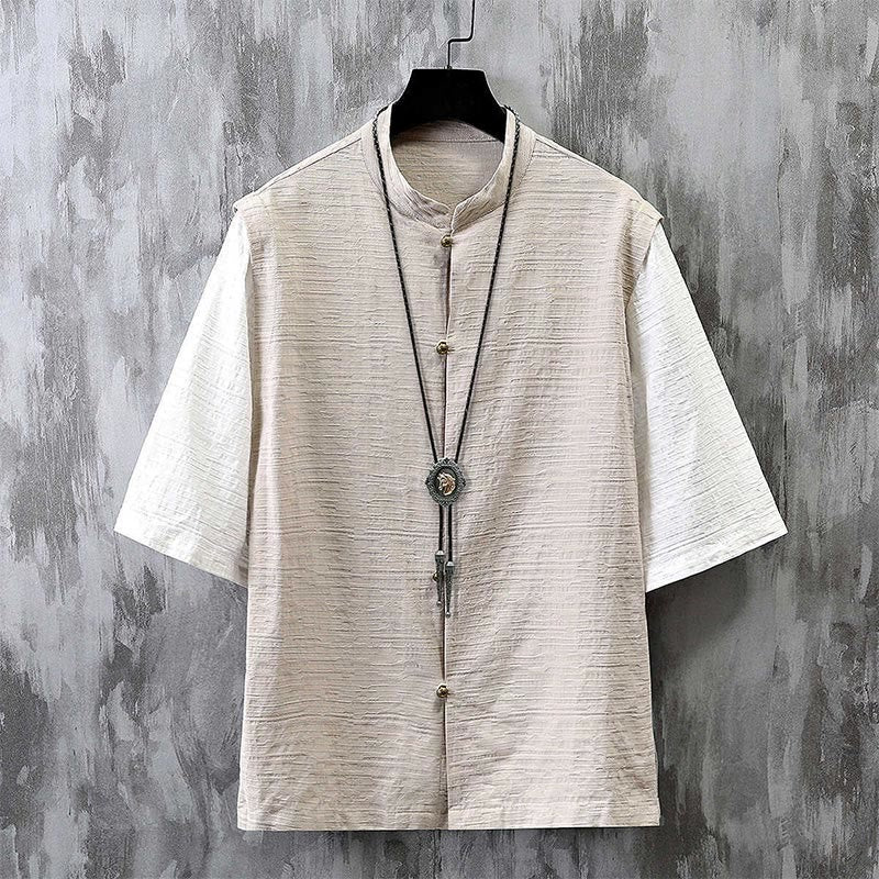 Camisa de lino y algodón de media manga para hombre con diseño de patchwork de verano con Buddha Stones - Lino - US/UK/AU48, EU58 (6XL) - image 0