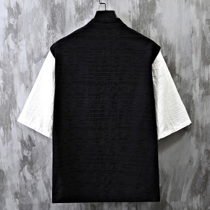 Camisa de lino y algodón de media manga para hombre con diseño de patchwork de verano con Buddha Stones - image 3