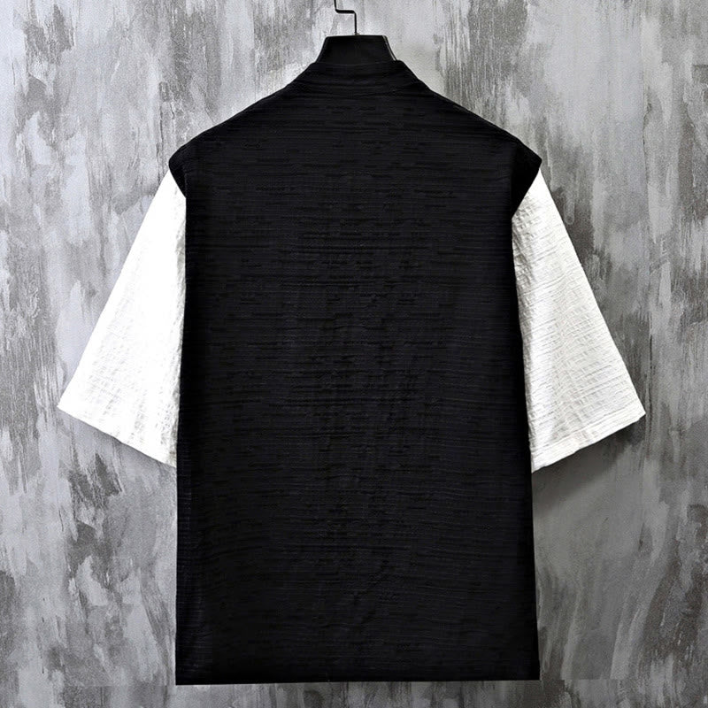 Camisa de lino y algodón de media manga para hombre con diseño de patchwork de verano con Buddha Stones - image 3